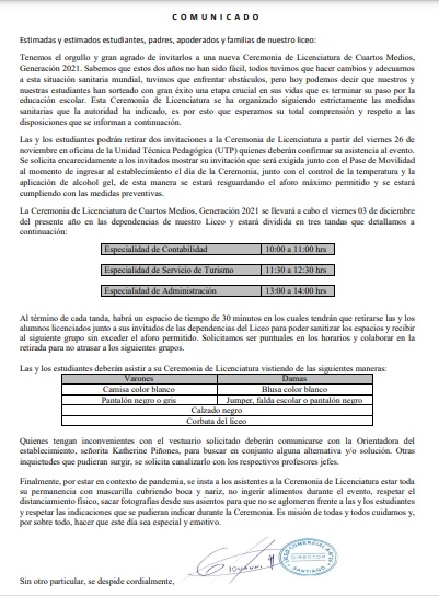 Comunicado Licenciatura 4tos medios 2021